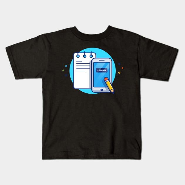 Note Book, Hand Phone With Pencil Cartoon Kids T-Shirt by Catalyst Labs